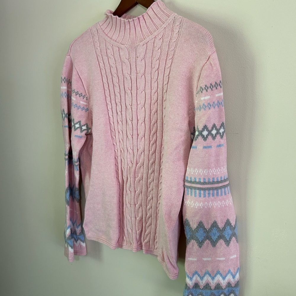Pink Cable Knit Sweater with Patterned Sleeves